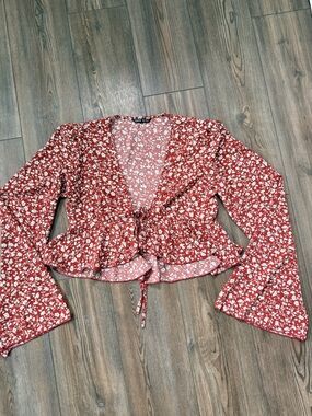 SHEIN Rust Red Floral Tie-Front Peplum Blouse